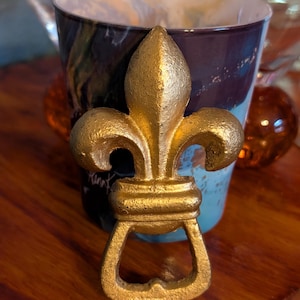 Vintage Gold Painted Cast Iron Fleur De Lis Bottle Opener - Antique-inspired barware