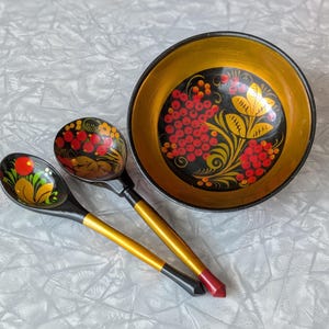 Vintage Khokhloma Two Spoons and Bowl Set - Hand painted from USSR in 60s or 70s