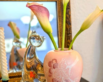 Vintage hand-painted pink ceramic vase with raised cherries