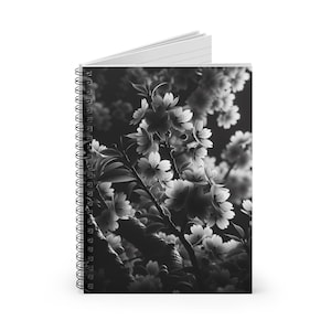 Elegant Floral Spiral Notebook - Ruled Line | Journaling, Note-taking, Gift for Students, Writers, Black & White Aesthetic