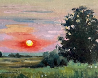 オリジナルの油絵、夕焼けの風景の壁画
