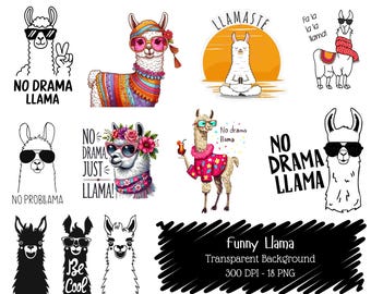 Funny Llama Clipart Bundle, No Drama Quote PNG, Llama Lover Graphics (Digital Download)