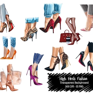 Puede incluir: Ilustración digital con varios tacones altos de diferentes estilos y colores. La imagen incluye tacones de aguja, zapatos de salón y zapatos con correas en el tobillo, con diseños como estampado de leopardo, colores lisos y paneles transparentes. También está presente el texto "High Heels Fashion".