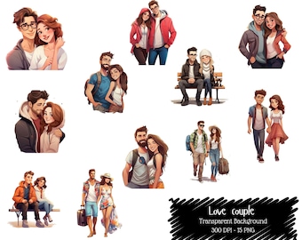 Romantic Couple Clipart PNG, Love Illustrations, Travel Vacation Graphics (Digital Download)