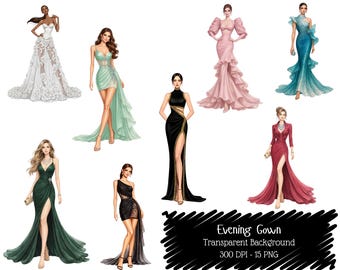Elegant Evening Gown Clipart Bundle, Fashion Women PNG Graphics (Digital Download)
