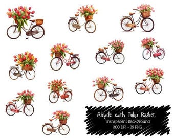 Watercolor Floral Bicycle Clipart: Spring Tulip Basket PNG (300 DPI Digital Download)