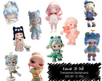 Kawaii 3D Doll Clipart Set, Pastel Characters, Chibi Toy Girl Art, Collectible Doll Illustration.
