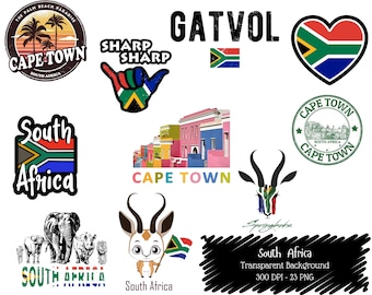 South Africa Clipart Bundle: Safari Animals, Cape Town, Flag Heart (PNG)
