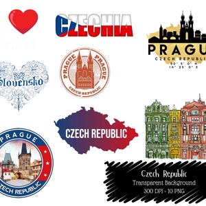 Pode incluir: Uma coleção de gráficos com o tema República Tcheca. Inclui a palavra "Czechia" em vermelho e branco, um coração, um contorno de mapa e ilustrações de Praga. Também apresenta os textos "Prague" e "Czech Republic".
