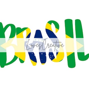 May include: The word "Brasil" in green, yellow, and blue, resembling the Brazilian flag. The letters are stylized with a handwritten font. The word "Loves Creative" is written in cursive in the center of the image.