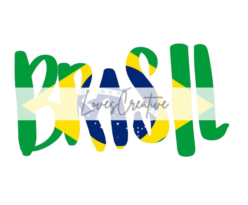 May include: The word "Brasil" in green, yellow, and blue, resembling the Brazilian flag. The letters are stylized with a handwritten font. The word "Loves Creative" is written in cursive in the center of the image.
