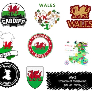 May include: A collection of Welsh-themed graphics featuring the Welsh flag, a red dragon, and the word "Wales." Designs include a heart-shaped graphic, a map outline, and circular emblems with text like "Cardiff" and "Wrexham."