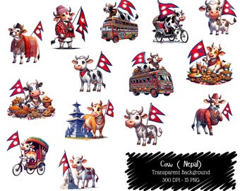 Nepal Cow Clipart Bundle, Nepali Culture Art, Travel Sticker (300 DPI)
