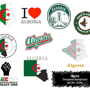 Könnte beinhalten: Eine Sammlung von Grafikdesigns mit dem Wort "Algerien" und der algerischen Flagge. Designs umfassen eine Kartenumriss, ein Herz mit "Alegria" und eine Faust. Die Designs sind in Grün, Rot, Weiß und Schwarz gehalten.