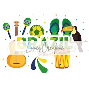 Może przedstawiać: Kolorowa ilustracja z brazylijskimi symbolami kulturowymi. Zawiera gitarę, marakasy, piłkę nożną, klapki, tukana i bęben. Słowo "BRAZIL" jest wyświetlane wraz z tekstem "Loves Creative Carnival".