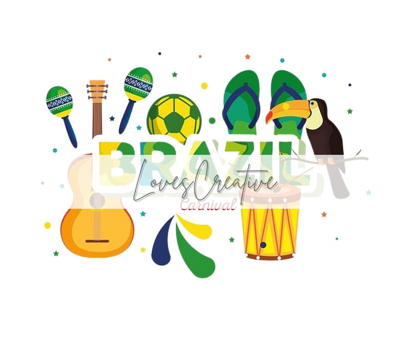 Może przedstawiać: Kolorowa ilustracja z brazylijskimi symbolami kulturowymi. Zawiera gitarę, marakasy, piłkę nożną, klapki, tukana i bęben. Słowo "BRAZIL" jest wyświetlane wraz z tekstem "Loves Creative Carnival".