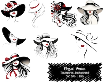 Elegant Woman Clipart Bundle, Fashion Lady with Hat, Red Lips Graphics (Digital Download)