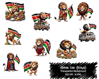 African Lion Kenya Clipart Bundle: Safari Animal PNGs (300 DPI)