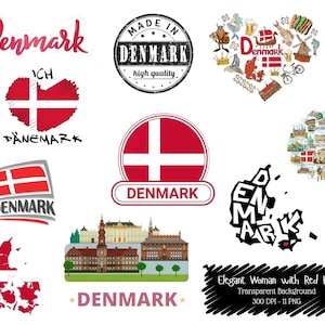 May include: A collection of Denmark-themed graphics, including the word "Denmark" in various fonts, a heart-shaped design with Danish elements, and a "Made in Denmark" stamp. The image also features a map outline and a building illustration.