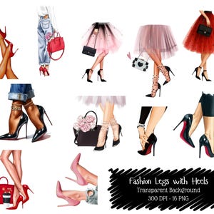 Könnte beinhalten: Eine Collage von Illustrationen mit Frauenbeinen in verschiedenen Posen, die High Heels und stilvolle Outfits tragen. Die Bilder zeigen rote, schwarze und rosa Absätze, Röcke und Accessoires. Der Text unten lautet "Fashion Legs with Heels, Transparent Background, 300 DPI - 16 PNG."