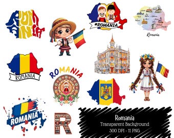 Romania Map Flag Clipart Bundle, Cultural Travel Graphics (Digital Download)