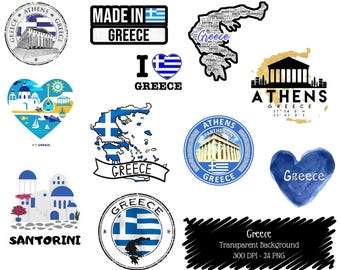 Grekland Clipart-paket, Aten Santorini-grafik, grekisk flagga-resekonst (digital nedladdning)