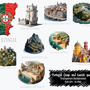 Portugal Landmarks PNG Clipart | Map, Algarve, Belem Tower, Madeira and More | 10 High-Res Transparent Graphics for Travel and Crafts