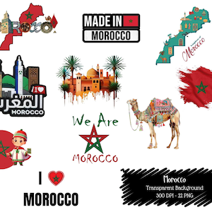 Peut inclure: Plusieurs graphiques sur le thème du Maroc, dont un plan, un drapeau et des illustrations d'un chameau, de bâtiments et d'une personne en tenue traditionnelle. Le texte comprend "Made in Morocco", "We Are Morocco" et "I Love Morocco".