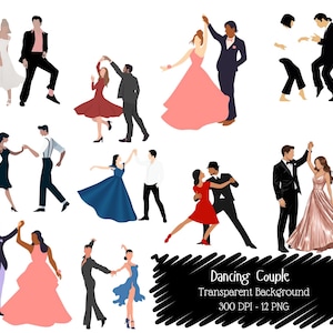 Puede incluir: Una colección de ilustraciones vectoriales de parejas bailando en varias poses. Las parejas visten trajes formales, con las mujeres con vestidos largos y los hombres con trajes. La paleta de colores incluye negro, rojo, azul y rosa.