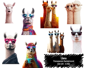 May include: A collection of llama illustrations, each wearing sunglasses. The llamas are depicted in various colors and styles, some with scarves or holding cups. The image includes the text "Llama Transparent Background 300 DPI - 9 PNG".