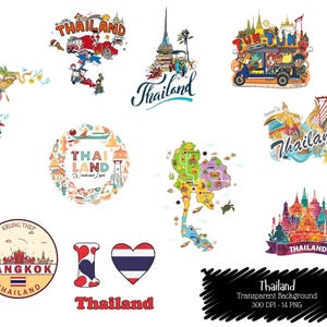 Thailand Clipart PNG Bundle | Bangkok, Map, Tuk Tuk and Temples | 14 High-Res Transparent Graphics for Travel, Culture and Crafts