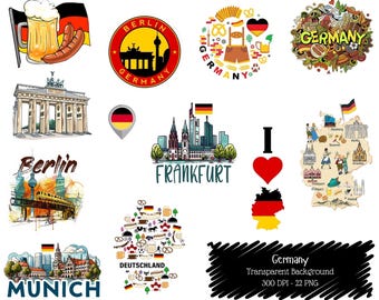 Germany Travel Clipart Bundle, Berlin Landmarks, Beer, Flags, German Stickers (Digital Download)