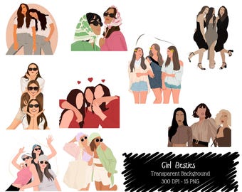 Girl Besties Clipart Bundle, Friendship Graphics, Modern Illustration (Digital Download)
