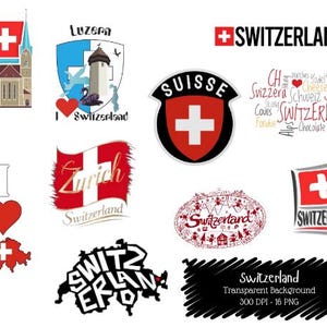 Switzerland PNG Bundle | Zurich, Lucerne, Suisse Flag Clipart | 16 Transparent PNGs | Travel Sticker Pack | 300 DPI | Digital Download.