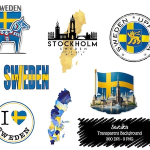 Sweden Clipart Bundle | Stockholm Uppsala Map & Flag PNG | Nordic Scandinavian Travel Graphics | 300 DPI Transparent PNGs.