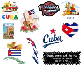 Cuba Clipart PNG Bundle: Havana Travel Stickers, Cuban Culture Icons (Digital Download 300 DPI)