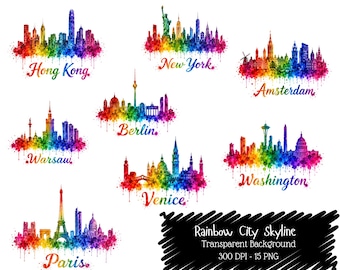 Rainbow City Skyline Clipart Bundle, Watercolor Graphics (Digital Download)