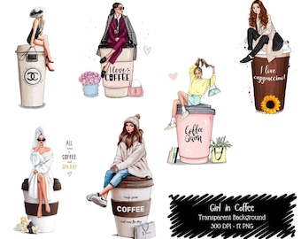 Coffee Girl Clipart PNG: Chic Fashion Art, Planner Stickers (Digital Download, 17 High-Res Images)