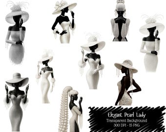 Elegant Pearl Lady Clipart PNG: Glamour Fashion Illustration (Digital Download, 300 DPI)