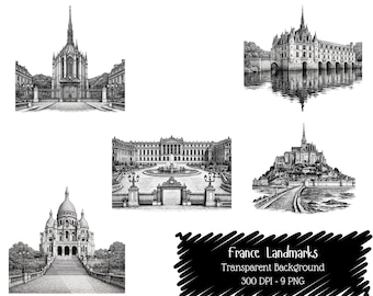 France Landmarks PNG Bundle • French Architecture Sketches • Paris Landmark Clipart Vintage Engraving Set