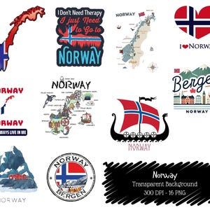 Może przedstawiać: Zbiór grafik o tematyce norweskiej, w tym kontur mapy, serce z flagą Norwegii i statek wikingów. Tekst zawiera "I don't need therapy, I just need to go to Norway" i "Bergen, Norway."