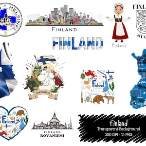 Finland Clipart PNG Bundle | Helsinki, Suomi, Flag, Map, Culture Icons | 15 High-Res Transparent Graphics for Crafts & Travel Art.