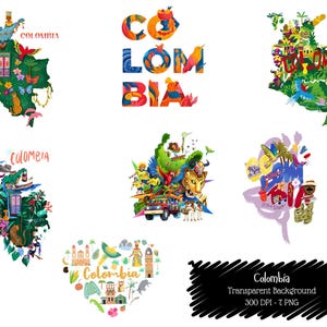 Pakiet clipartów Kolumbia PNG: ikony kultury, dzikiej przyrody i podróży