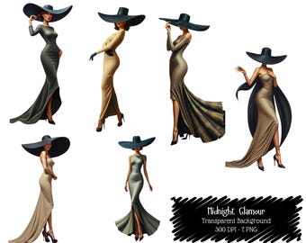 Midnight Glamour Woman Clipart Bundle, Elegant Gown Lady Graphics (Digital Download)