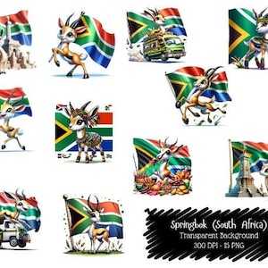 Springbok South Africa PNG Clipart | Cute Animal with SA Flag | Digital Graphics for Sublimation, Stickers, Crafts | 15 PNG Bundle.
