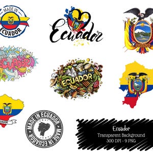 Puede incluir: Una colección de gráficos con temática de Ecuador. Incluye un emblema circular con la bandera ecuatoriana, un diseño en forma de corazón, una ilustración detallada, un contorno de mapa y un sello con el texto "Made in Ecuador".