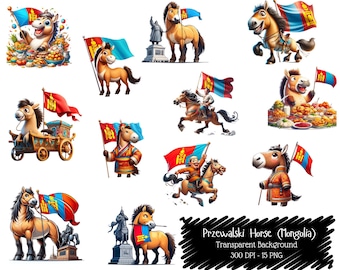 Mongolia Horse Clipart Bundle: Przewalski PNGs (300 DPI)