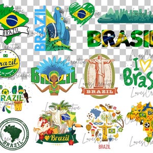 Może przedstawiać: Zbi&oacute;r grafik o tematyce brazylijskiej, w tym flaga Brazylii, kontur mapy i słowo "Brazylia" w r&oacute;żnych stylach. Inne grafiki przedstawiają tukana, kobietę w kostiumie karnawałowym i pomnik Chrystusa Odkupiciela.