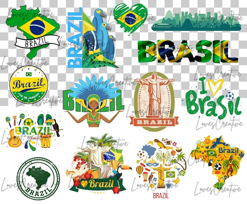 Może przedstawiać: Zbi&oacute;r grafik o tematyce brazylijskiej, w tym flaga Brazylii, kontur mapy i słowo "Brazylia" w r&oacute;żnych stylach. Inne grafiki przedstawiają tukana, kobietę w kostiumie karnawałowym i pomnik Chrystusa Odkupiciela.