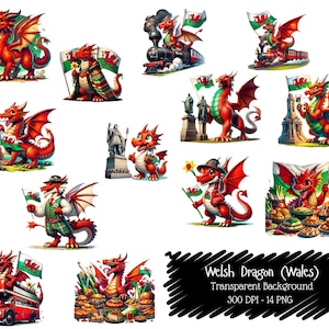 May include: A collection of vibrant illustrations featuring a red Welsh dragon with the Welsh flag. The dragon is depicted in various scenes, including on a train, near monuments, and with food. The images have a transparent background.